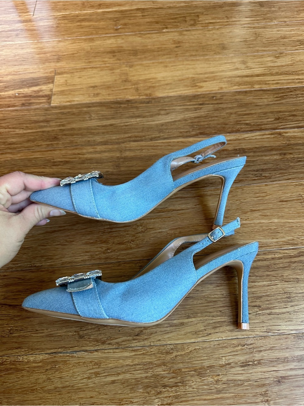 MADDEN GIRL Women 7.5 Denim Rhinestone Buckle Slingback Pointed Toe Heels - Picture 4 of 6